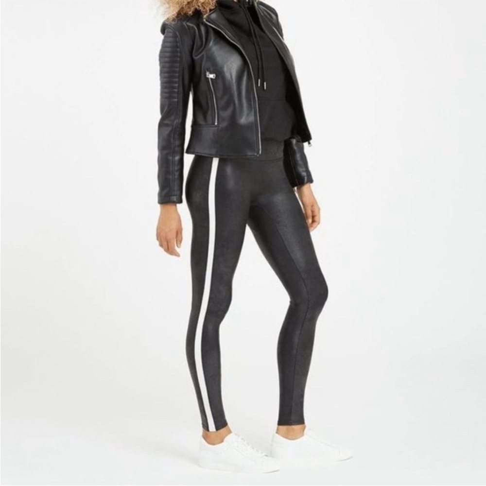 SPANX Faux-Leather Side-Stripe Leggings S Black